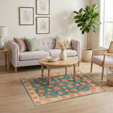 Blue and Teal Floral Vintage Washable Area Rug