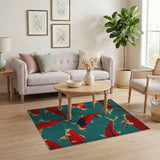 Vibrant Red Koi on Teal Area Rug
