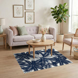 Navy Palm Leaf Washable Area Rug