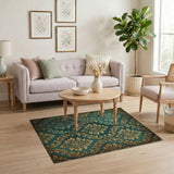 Vintage Teal Damask Rug with Gold Accents