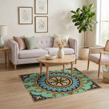 Teal Mandala Area Rug with Vibrant Orange Accents