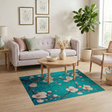 ODIKA Teal Cherry Blossom Washable Area Rug - Low Pile & Non-Slip Floral Home Decor