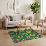 ODIKA Washable Groovy Retro Floral Rug - Colorful 70s Psychedelic Daisy Low Pile Non-Slip Area Rug