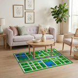 Kids Cartoon Town Map Area Rug - Vibrant Green Village Play Mat