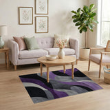 ODIKA Washable Modern Abstract Wavy Rug - Purple Grey Low Pile Non-Slip Area Rug