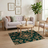 Ornate Gold Damask on Emerald Green Area Rug