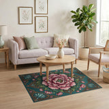 Ornate Pink Peony Teal Area Rug