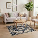 Ornate Beige Medallion Area Rug with Black Scrolls