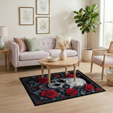 ODIKA Gothic Skull and Red Roses Washable Area Rug - Non-Slip Low-Pile Home Decor