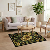 Golden Sunflower Medallion Black Area Rug