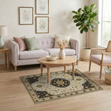 Opulent Ivory Persian Medallion Area Rug with Navy Gold