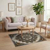Ornate Grey Floral Mandala Distressed Rug