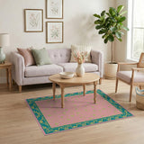 Pink Leaf Vine Rug with Ornate Teal Border