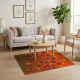 Vibrant Orange Floral Rug with Purple Yellow Blooms