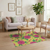 Vibrant Pink Roses on Sunny Yellow Floral Rug