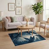 ODIKA Washable Blue Tropical Leaf Area Rug - Non-Slip Low Pile Jungle Print Home Decor