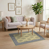 Elegant Beige Floral Damask Area Rug with Grey Border