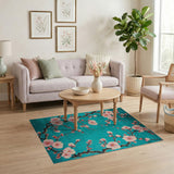ODIKA Washable Cherry Blossom Floral Area Rug - Turquoise & Pink Low Pile Non-Slip Rug
