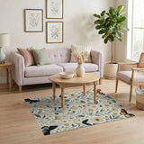 Washable Vintage Botanical Floral Butterfly Area Rug - Cream & Dusty Blue Low Pile