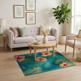 Washable Tropical Teal Hibiscus Area Rug - Low Pile, Non-Slip, Pet Friendly