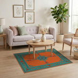 Orange Medallion Persian Rug with Teal Borders