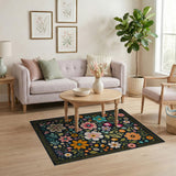 Vibrant Multi-Color Floral Area Rug with Gold Border