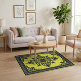 Ornate Black Floral Mandala on Yellow Area Rug