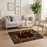 Ornate Gold Baroque Frame Rug with Red Leaves