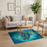 Sea Turtle Teal Blue Coastal Area Rug