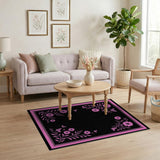 Pink Floral Butterfly Area Rug on Black