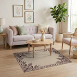 Ornate Beige Area Rug with Maroon Floral Border