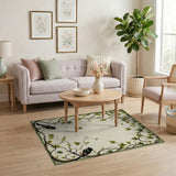 ODIKA Vintage Botanical Bird and Vine Border Washable Low Pile Non-Slip Area Rug