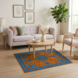 Vibrant Orange Blue Persian Floral Medallion Rug