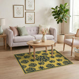 Yellow Persian Area Rug with Navy Blue Motifs
