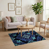Teal Baroque Damask Area Rug on Navy