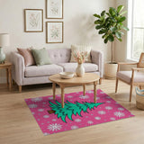 Festive Pink Christmas Tree Snowflake Rug
