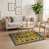 ODIKA Washable Yellow and Blue Floral Bohemian Area Rug - Low Pile & Non-Slip