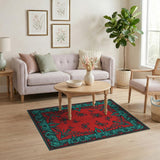 Red Persian Butterfly Rug with Teal Border