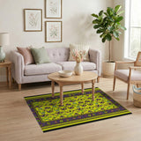 Vibrant Yellow Rug with Purple Tribal Masks Fruits