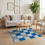 Blue White Checkerboard Area Rug with Gray Accents