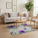 ODIKA Washable Purple Hibiscus Butterfly Floral Rug, Non-Slip Low Pile Area Rug