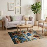 Vibrant Orange Blue Poppy Coastal Beach Rug