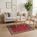 Elegant Red Persian Area Rug with Blue Floral Motifs