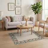 Teal Peach Floral Persian Border Rug