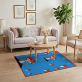 Whimsical Red Mushroom Area Rug on Blue