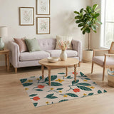 Beige Green Leaf Red Flower Pattern Rug