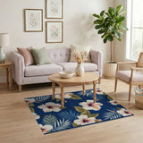 Navy Blue Hibiscus and Palm Leaf Area Rug