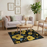 Vivid Yellow Blooms Blue Leaves Black Rug