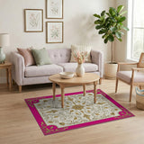 Ornate Pink Border Gold Floral Area Rug