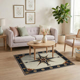 ODIKA Vintage Nautical Compass Rose Washable Area Rug - Non-Slip & Low Pile